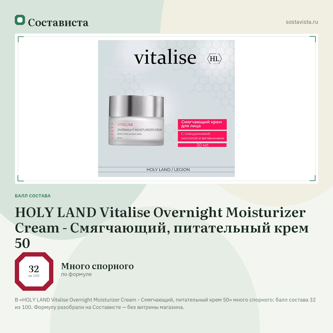 HOLY LAND Vitalise Overnight Moisturizer Cream - Смягчающий, питательный крем 50: балл состава 32 из 100 — Состависта