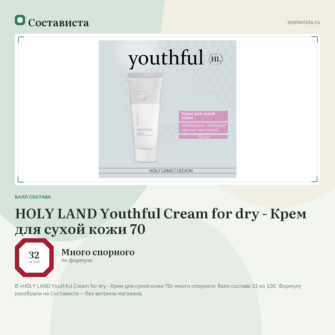 HOLY LAND Youthful Cream for dry - Крем для сухой кожи 70: балл состава 32 из 100 — Состависта