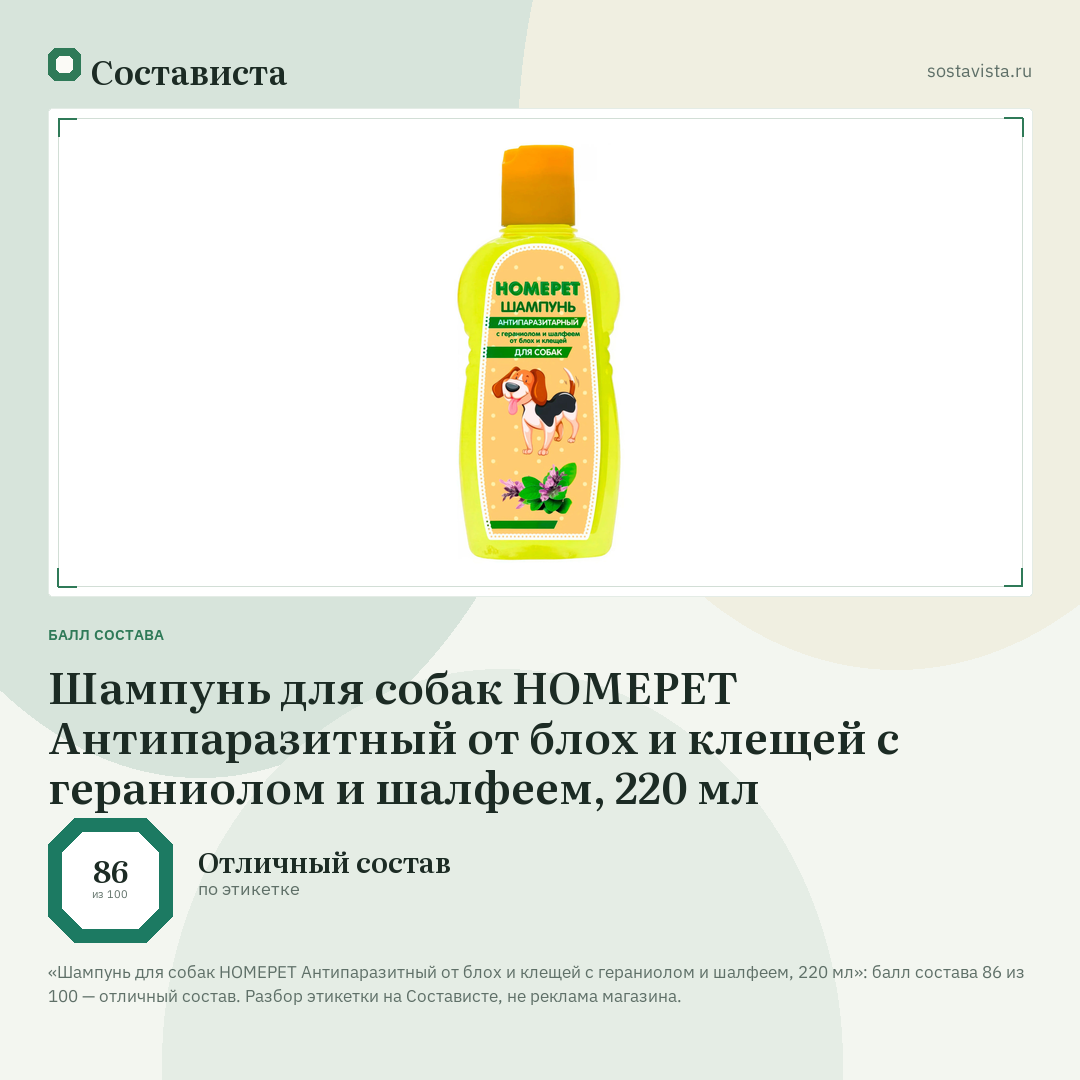 Шампунь для собак HOMEPET Антипаразитный от блох и клещей с гераниолом и шалфеем, 220 мл: балл состава 86 из 100 — Состависта