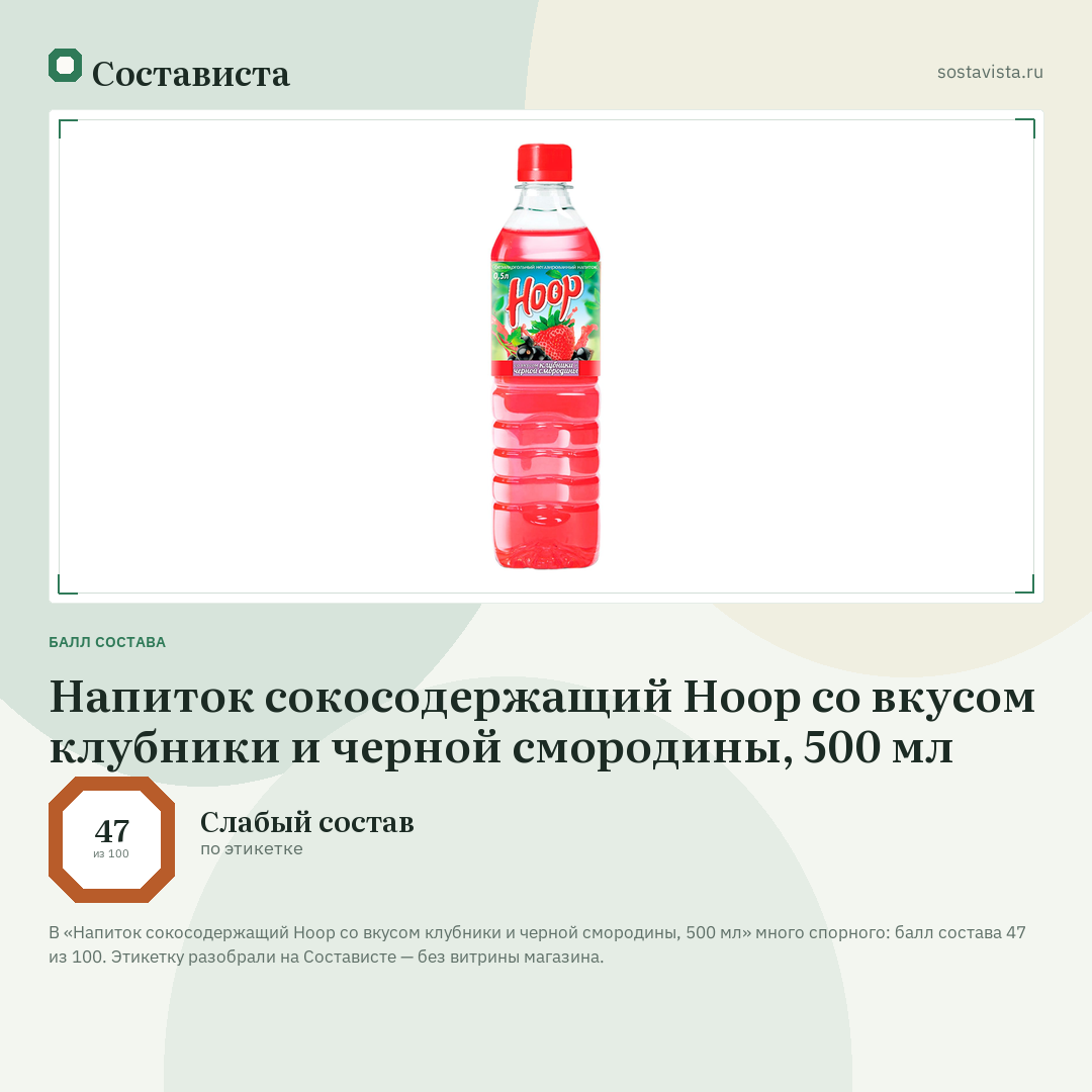 Напиток сокосодержащий Hoop со вкусом клубники и черной смородины, 500 мл: балл состава 47 из 100 — Состависта