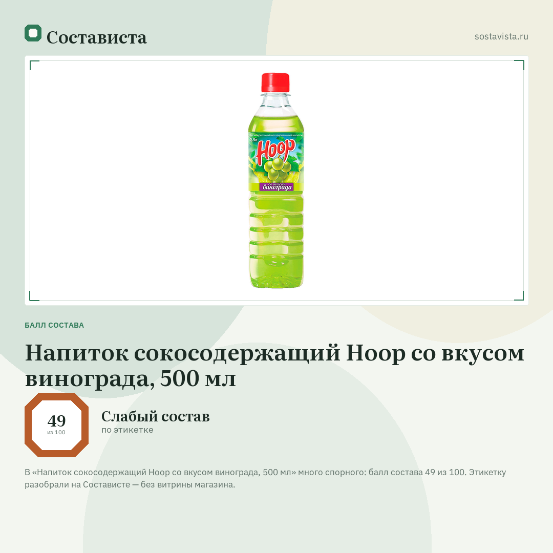 Напиток сокосодержащий Hoop со вкусом винограда, 500 мл: балл состава 49 из 100 — Состависта