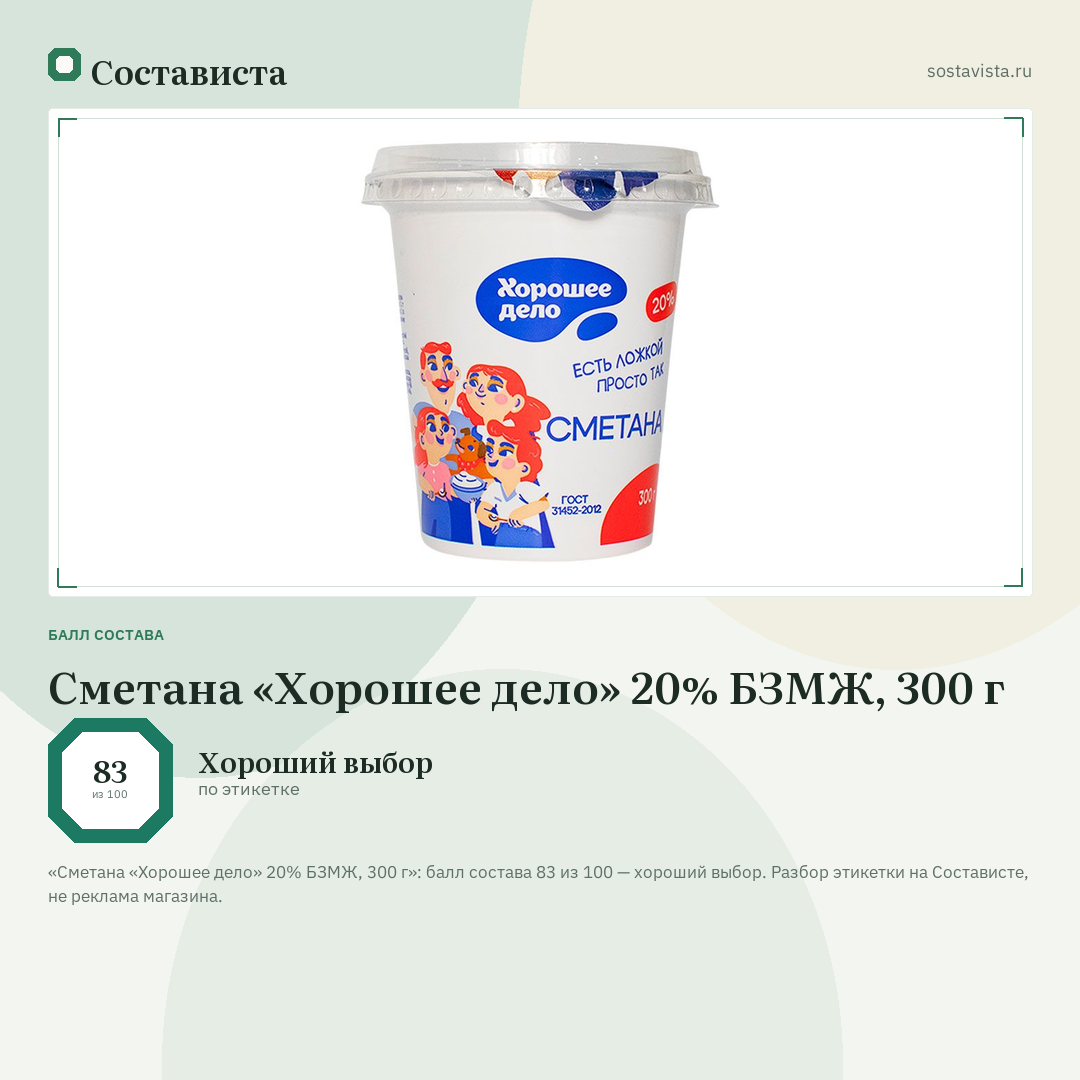 Сметана «Хорошее дело» 20% БЗМЖ, 300 г: балл состава 83 из 100 — Состависта
