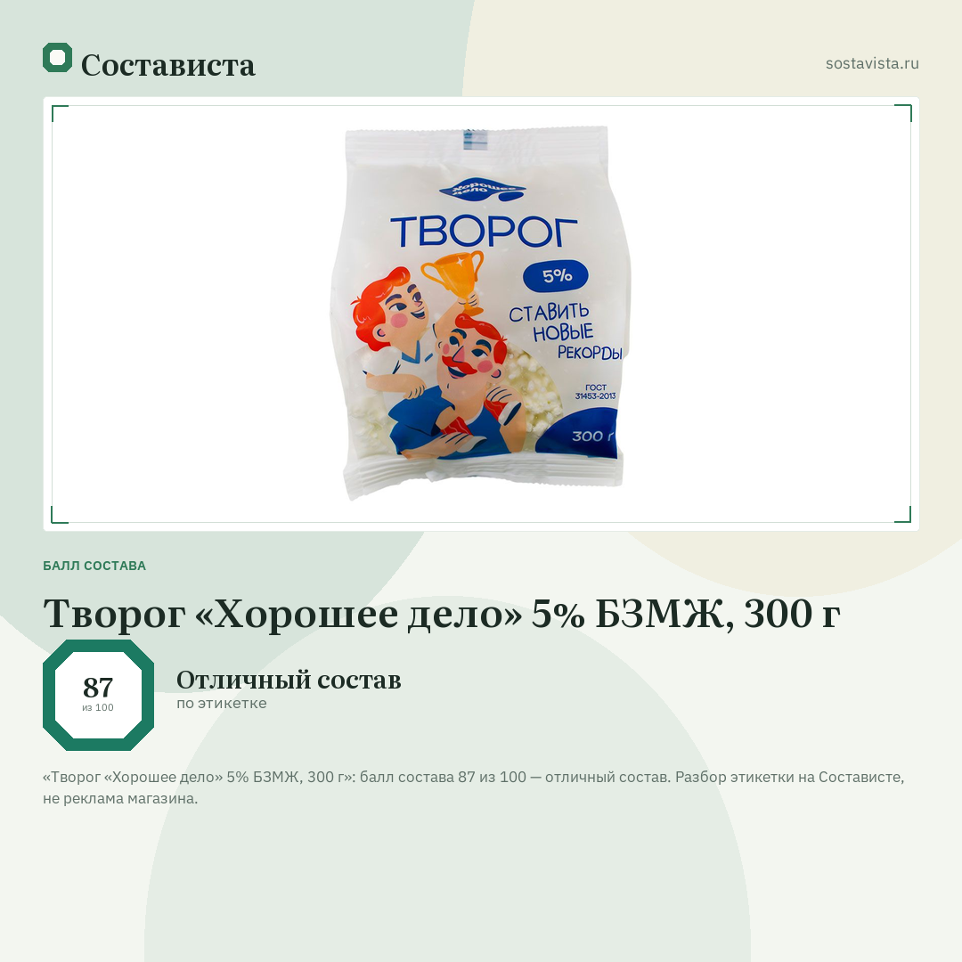 Творог «Хорошее дело» 5% БЗМЖ, 300 г: балл состава 87 из 100 — Состависта