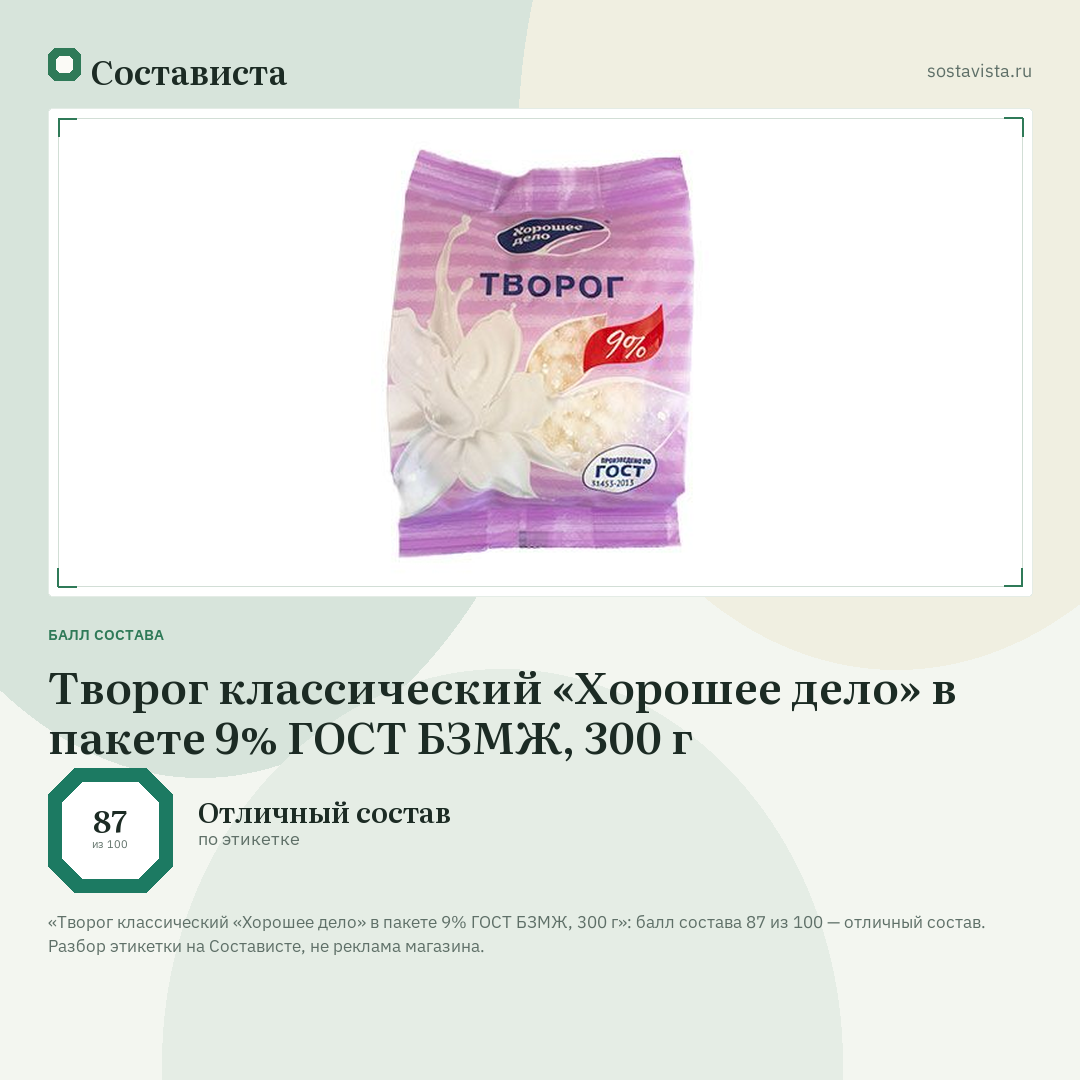 Творог классический «Хорошее дело» в пакете 9% ГОСТ БЗМЖ, 300 г: балл состава 87 из 100 — Состависта