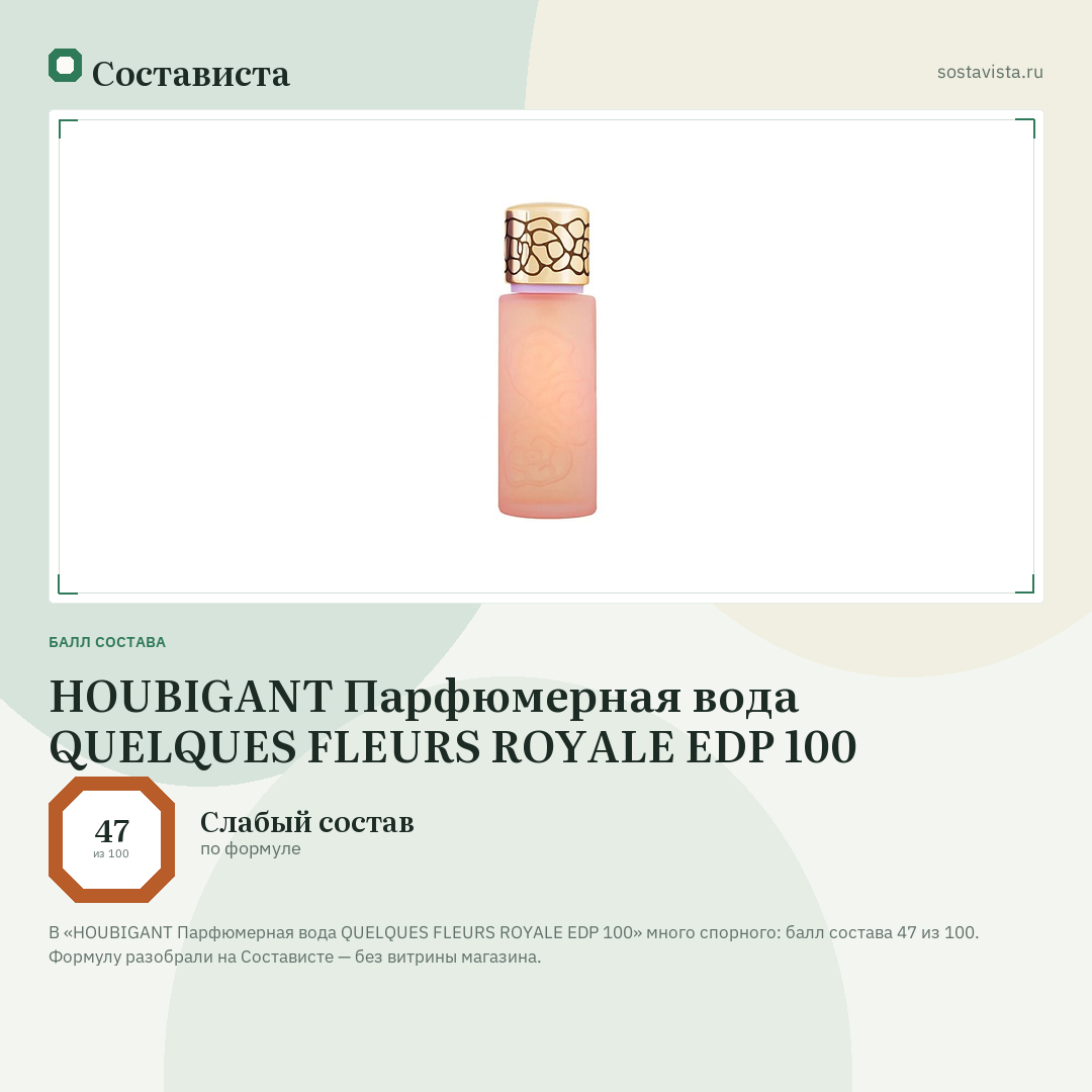 HOUBIGANT Парфюмерная вода QUELQUES FLEURS ROYALE EDP 100: балл состава 47 из 100 — Состависта