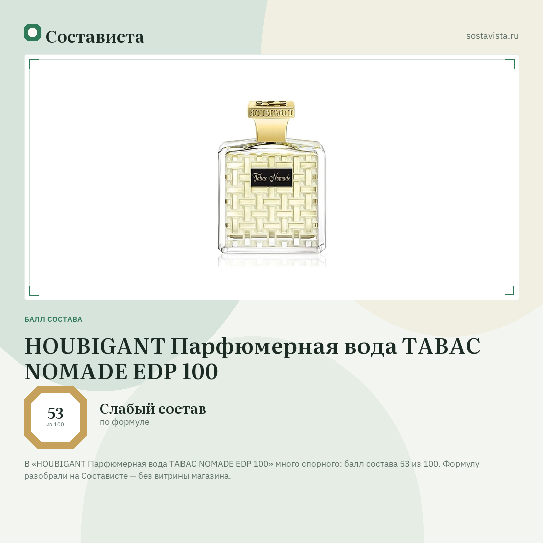 HOUBIGANT Парфюмерная вода TABAC NOMADE EDP 100: балл состава 53 из 100 — Состависта