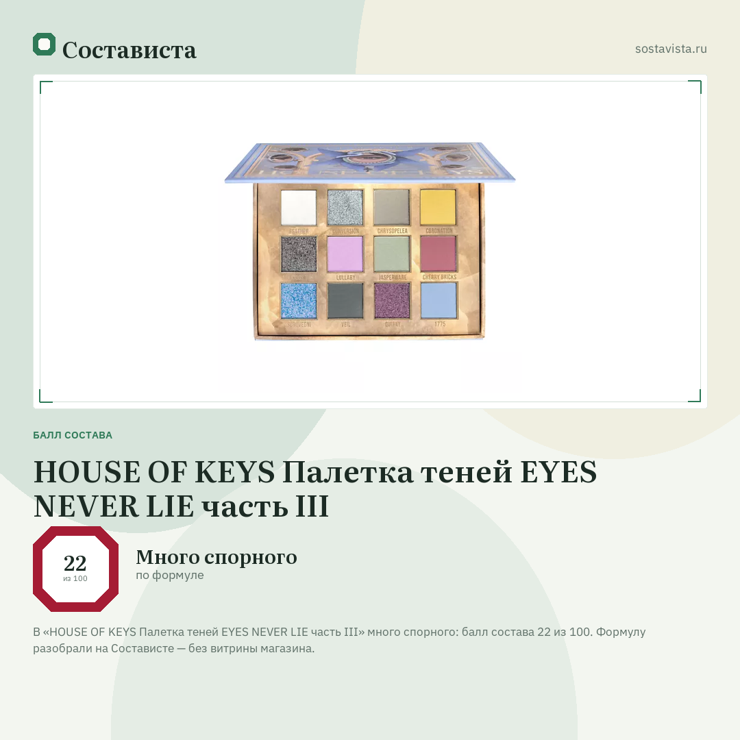HOUSE OF KEYS Палетка теней EYES NEVER LIE часть III: балл состава 22 из 100 — Состависта