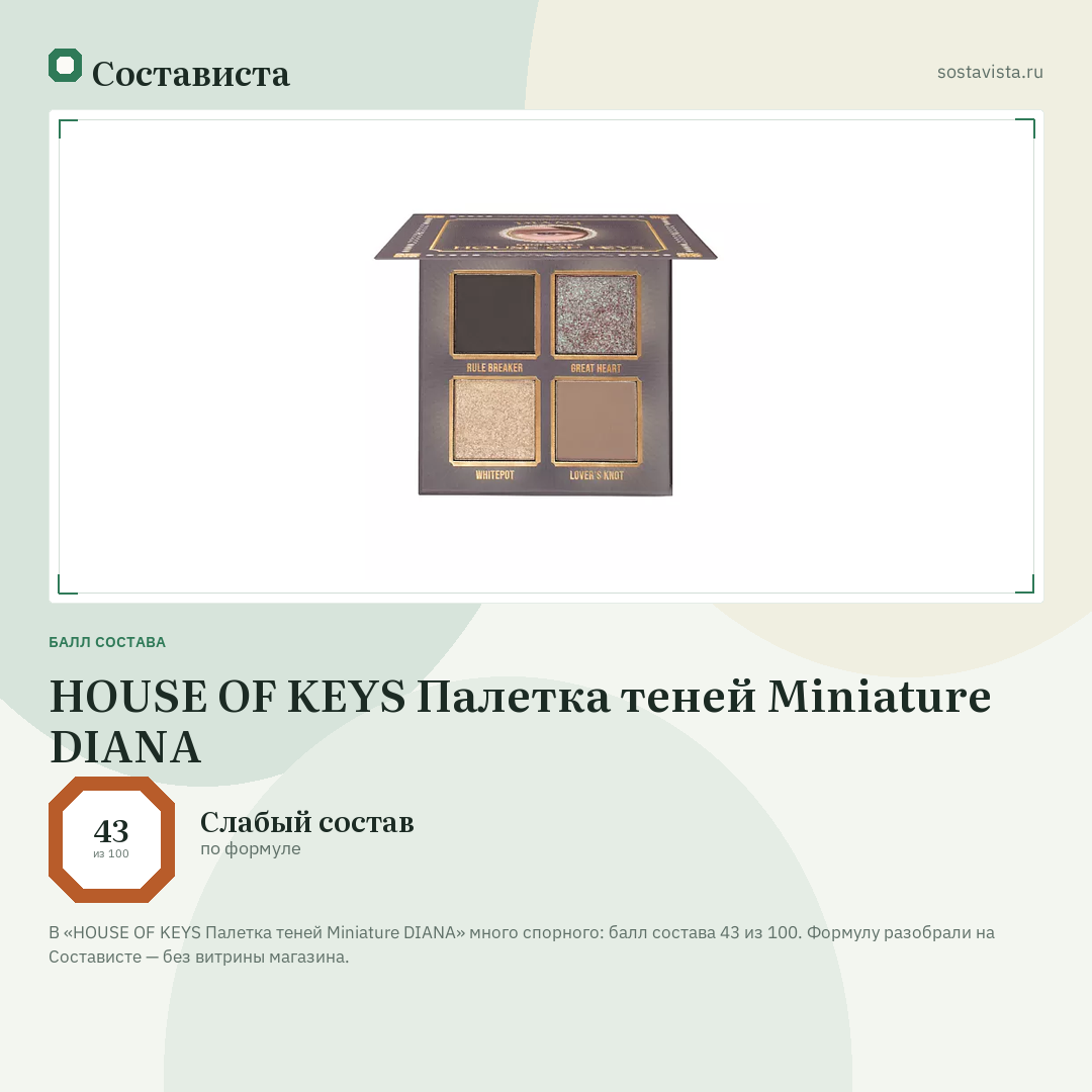 HOUSE OF KEYS Палетка теней Miniature DIANA: балл состава 43 из 100 — Состависта