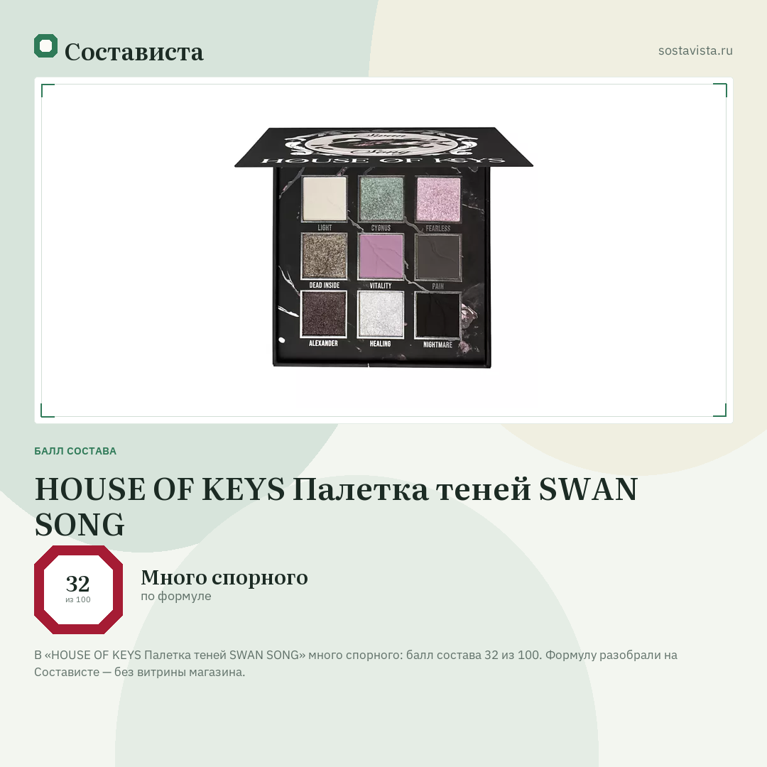 HOUSE OF KEYS Палетка теней SWAN SONG: балл состава 32 из 100 — Состависта