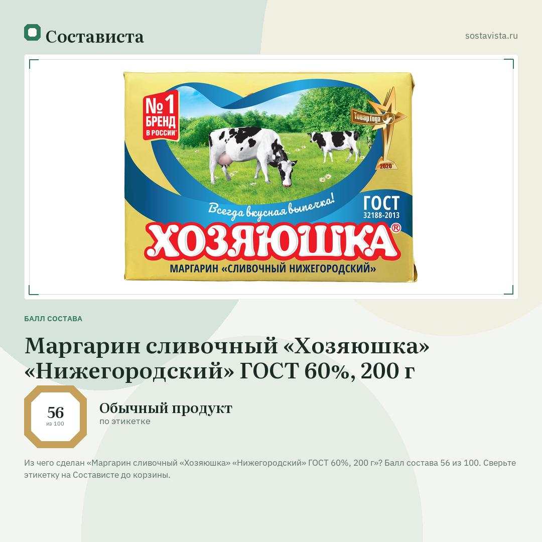 Маргарин сливочный «Хозяюшка» «Нижегородский» ГОСТ 60%, 200 г: балл состава 56 из 100 — Состависта