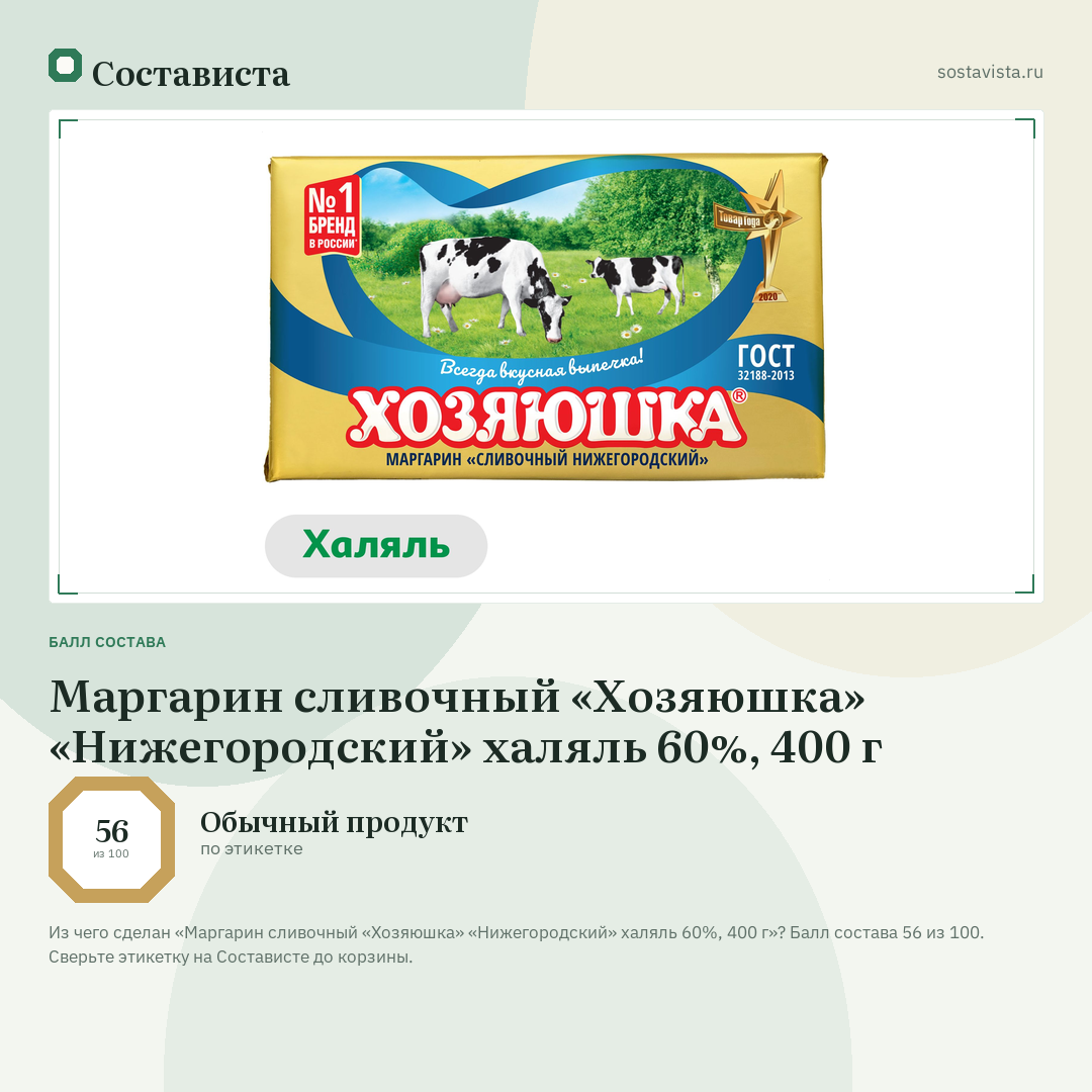 Маргарин сливочный «Хозяюшка» «Нижегородский» халяль 60%, 400 г: балл состава 56 из 100 — Состависта