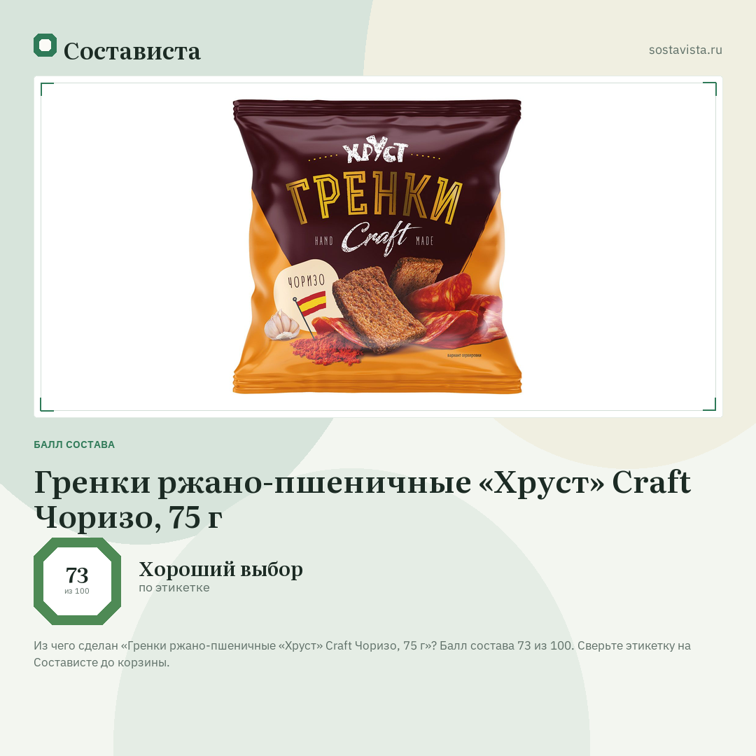 Гренки ржано-пшеничные «Хруст» Craft Чоризо, 75 г: балл состава 73 из 100 — Состависта