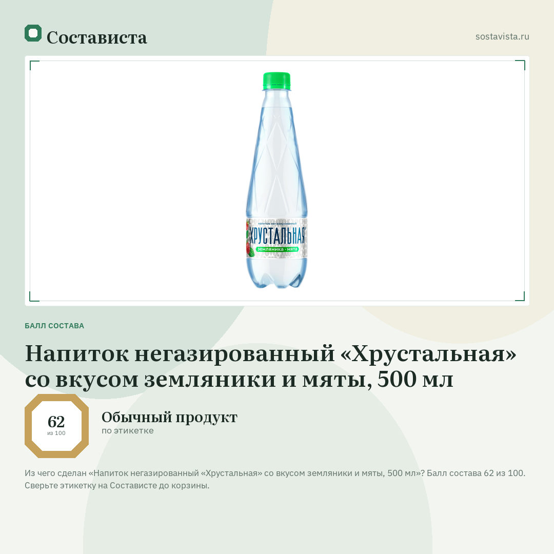 Напиток негазированный «Хрустальная» со вкусом земляники и мяты, 500 мл: балл состава 62 из 100 — Состависта