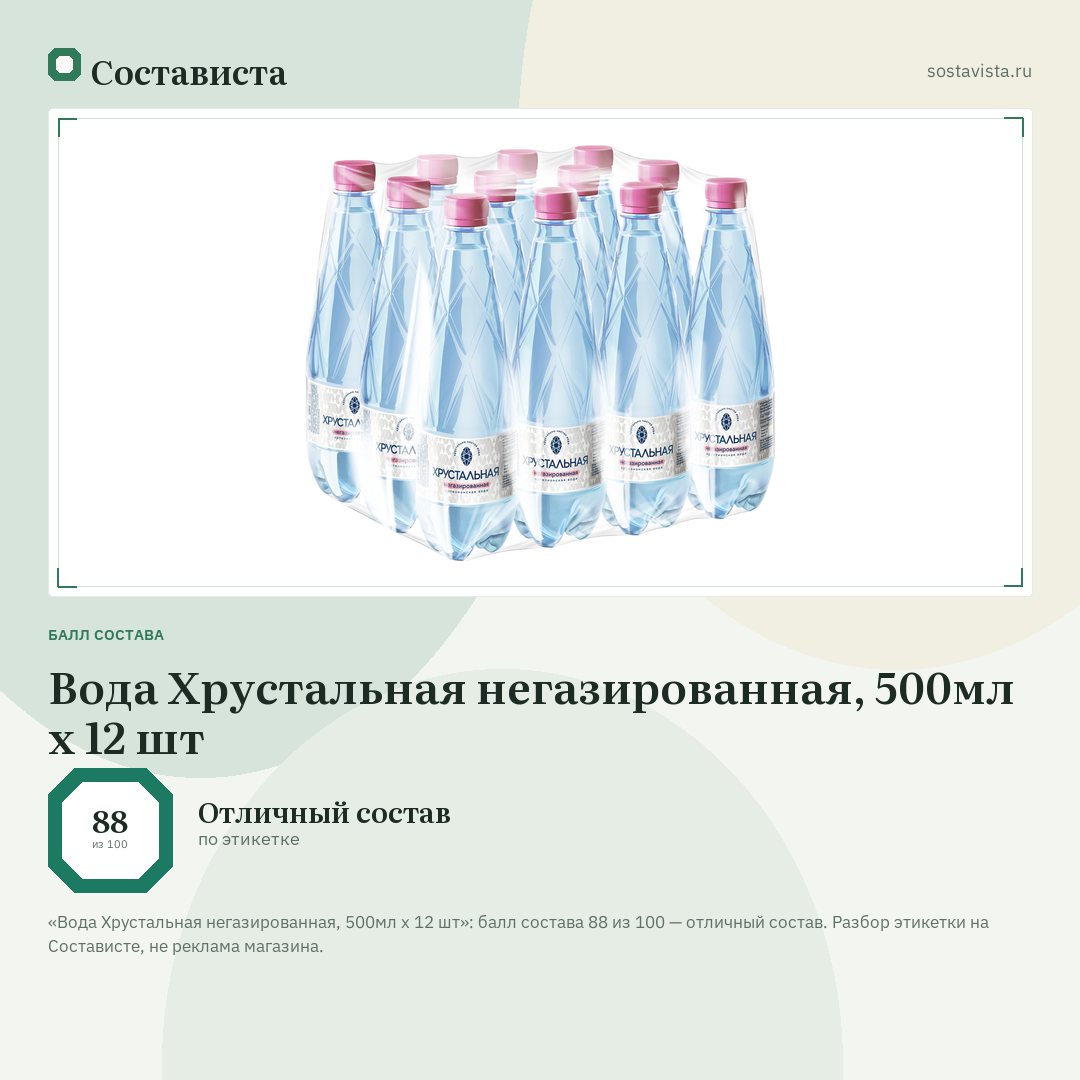 Вода Хрустальная негазированная, 500мл x 12 шт: балл состава 88 из 100 — Состависта