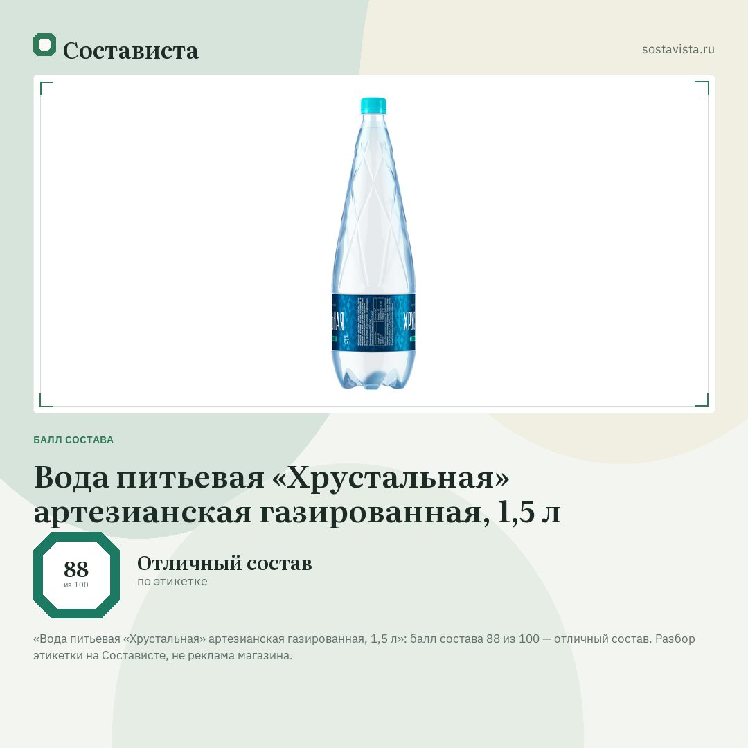 Вода питьевая «Хрустальная» артезианская газированная, 1,5 л: балл состава 88 из 100 — Состависта