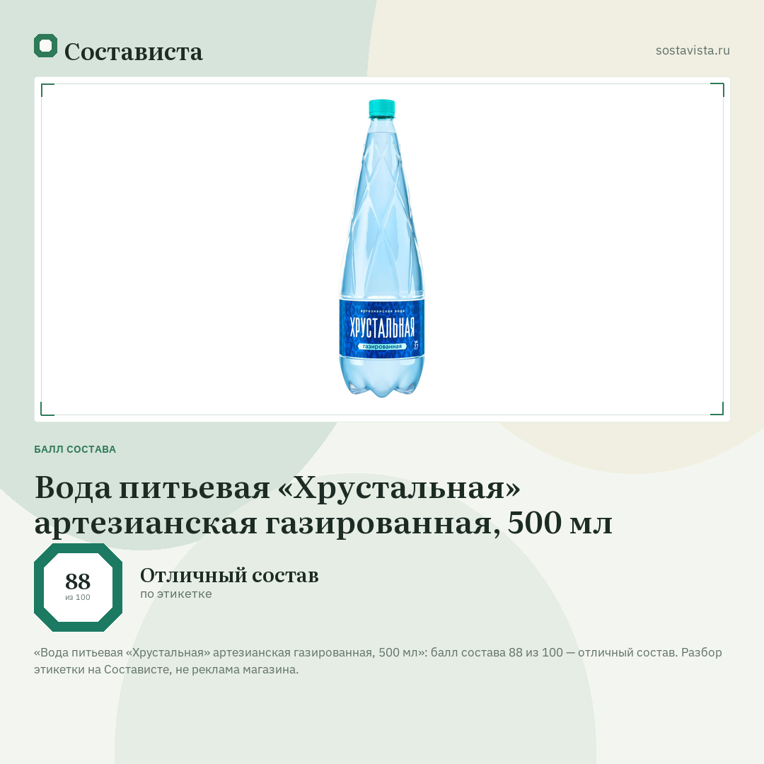 Вода питьевая «Хрустальная» артезианская газированная, 500 мл: балл состава 88 из 100 — Состависта