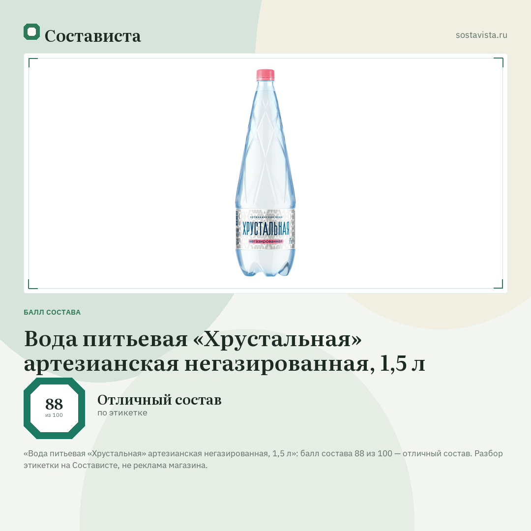 Вода питьевая «Хрустальная» артезианская негазированная, 1,5 л: балл состава 88 из 100 — Состависта