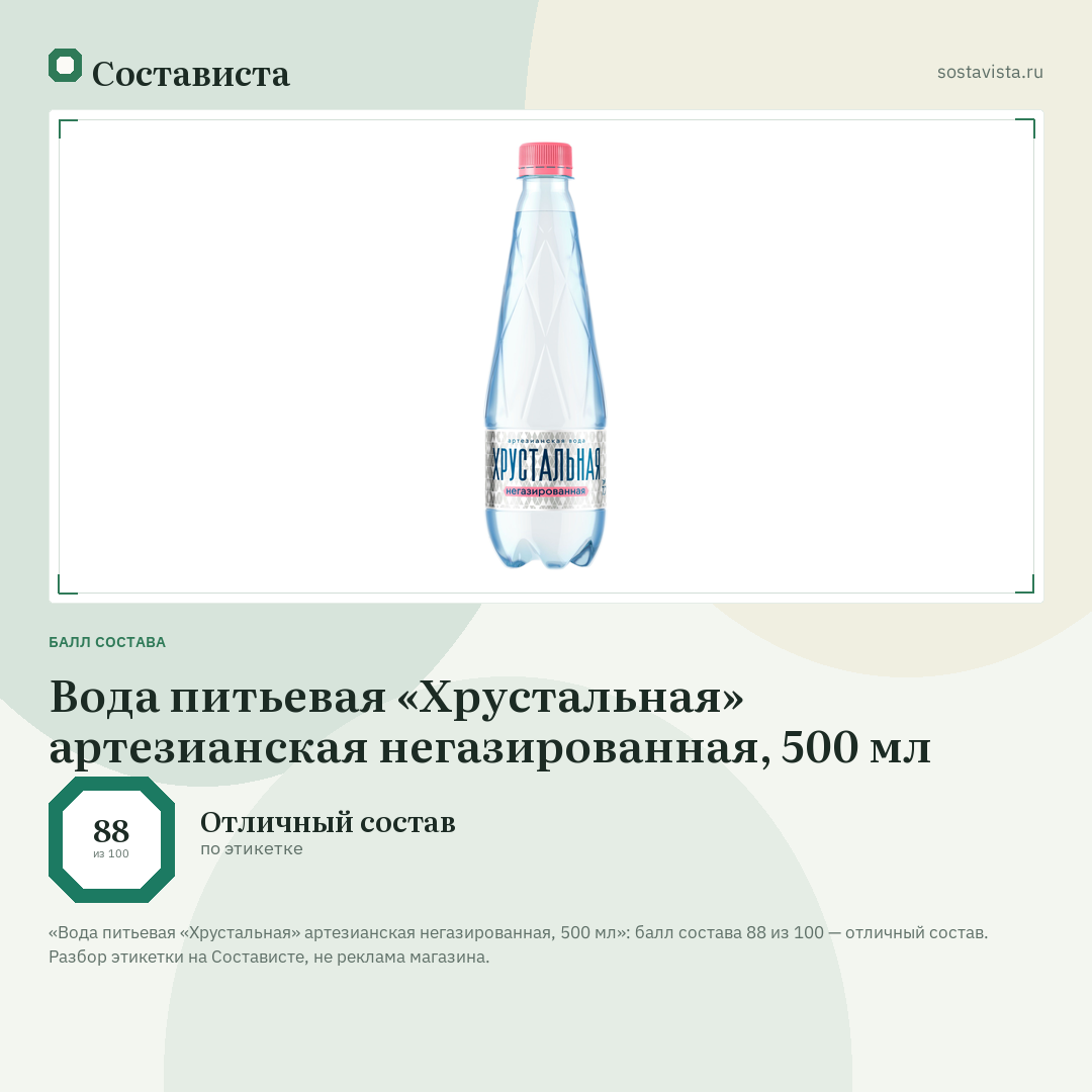 Вода питьевая «Хрустальная» артезианская негазированная, 500 мл: балл состава 88 из 100 — Состависта