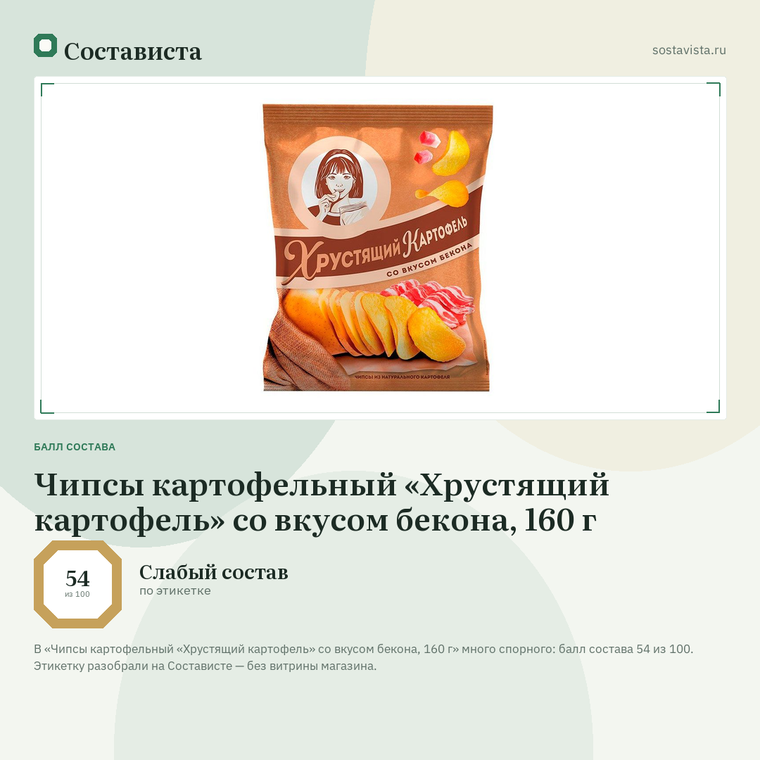 Чипсы картофельный «Хрустящий картофель» со вкусом бекона, 160 г: балл состава 54 из 100 — Состависта