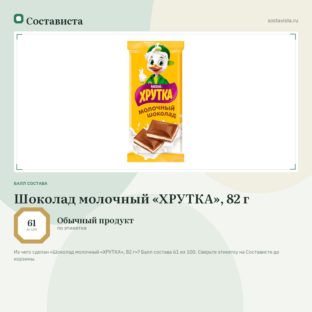 Шоколад молочный «ХРУТКА», 82 г: балл состава 61 из 100 — Состависта