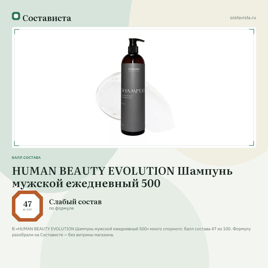 HUMAN BEAUTY EVOLUTION Шампунь мужской ежедневный 500: балл состава 47 из 100 — Состависта