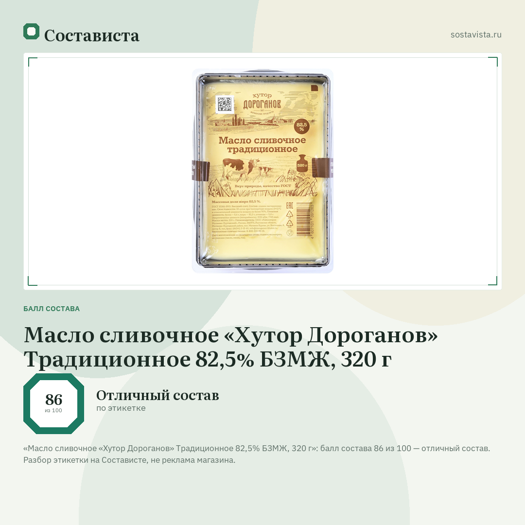 Масло сливочное «Хутор Дороганов» Традиционное 82,5% БЗМЖ, 320 г: балл состава 86 из 100 — Состависта