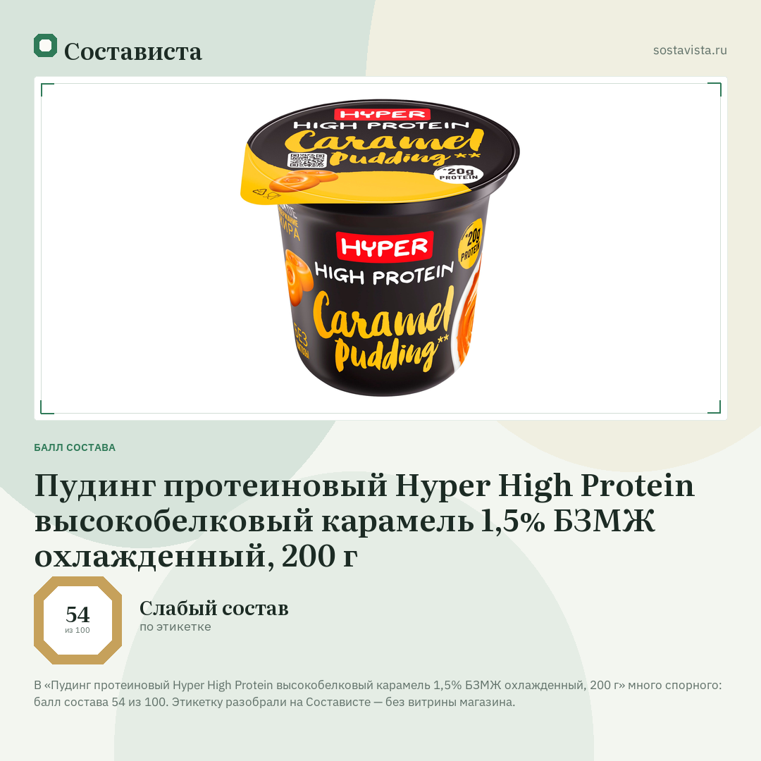 Пудинг протеиновый Hyper High Protein высокобелковый карамель 1,5% БЗМЖ охлажденный, 200 г: балл состава 54 из 100 — Состависта