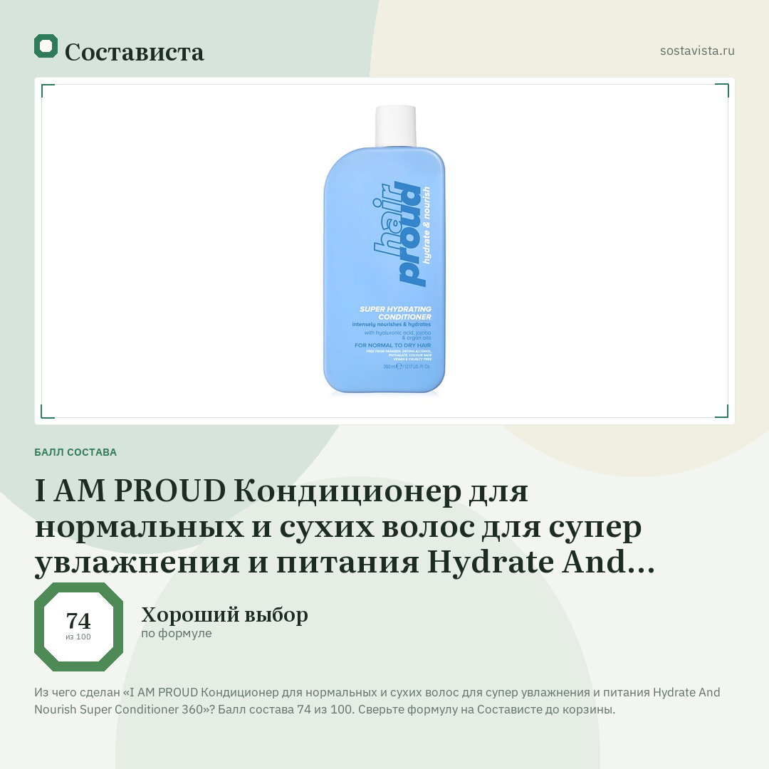 I AM PROUD Кондиционер для нормальных и сухих волос для супер увлажнения и питания Hydrate And Nourish Super Conditioner 360: балл состава 74 из 100 — Состависта
