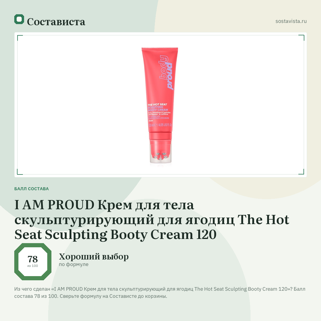 I AM PROUD Крем для тела скульптурирующий для ягодиц The Hot Seat Sculpting Booty Cream 120: балл состава 78 из 100 — Состависта