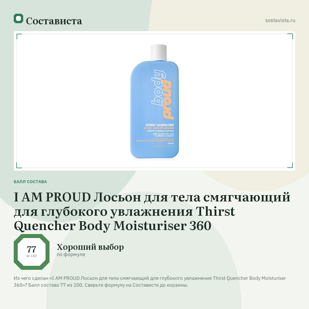 I AM PROUD Лосьон для тела смягчающий для глубокого увлажнения Thirst Quencher Body Moisturiser 360: балл состава 77 из 100 — Состависта