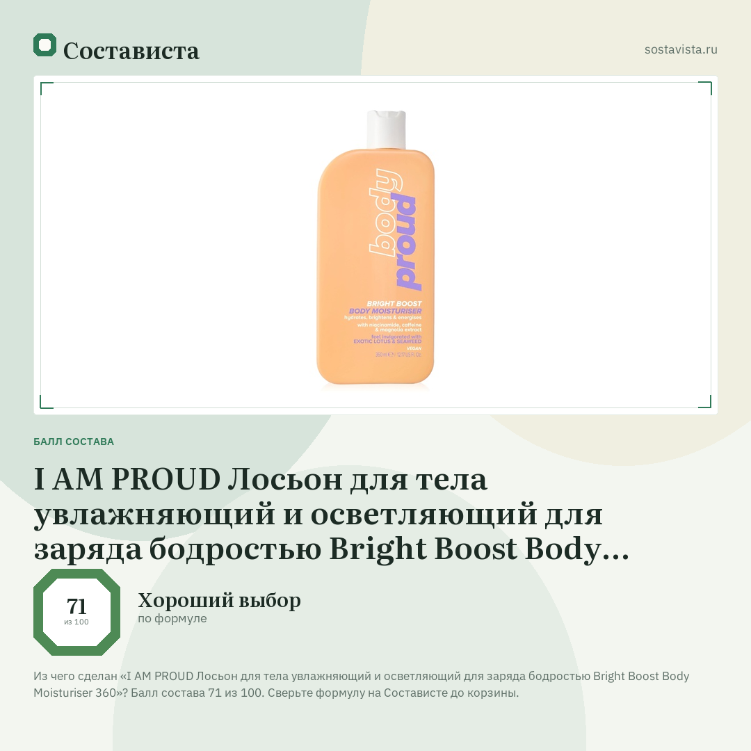 I AM PROUD Лосьон для тела увлажняющий и осветляющий для заряда бодростью Bright Boost Body Moisturiser 360: балл состава 71 из 100 — Состависта