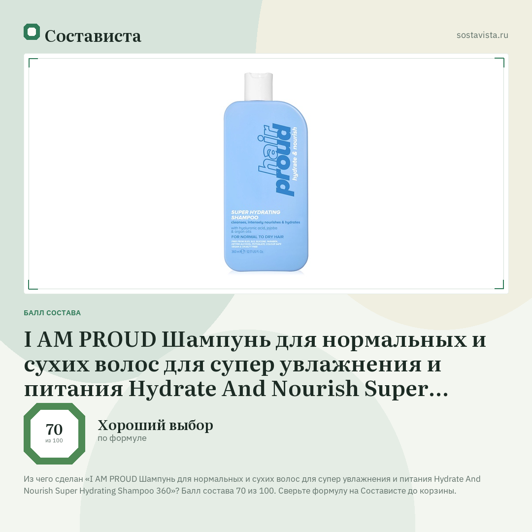 I AM PROUD Шампунь для нормальных и сухих волос для супер увлажнения и питания Hydrate And Nourish Super Hydrating Shampoo 360: балл состава 70 из 100 — Состависта