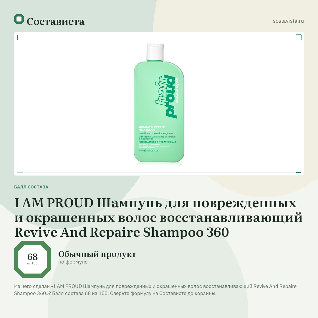 I AM PROUD Шампунь для поврежденных и окрашенных волос восстанавливающий Revive And Repaire Shampoo 360: балл состава 68 из 100 — Состависта