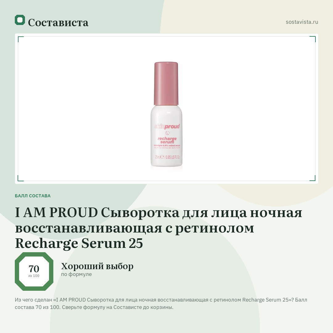 I AM PROUD Сыворотка для лица ночная восстанавливающая с ретинолом Recharge Serum 25: балл состава 70 из 100 — Состависта