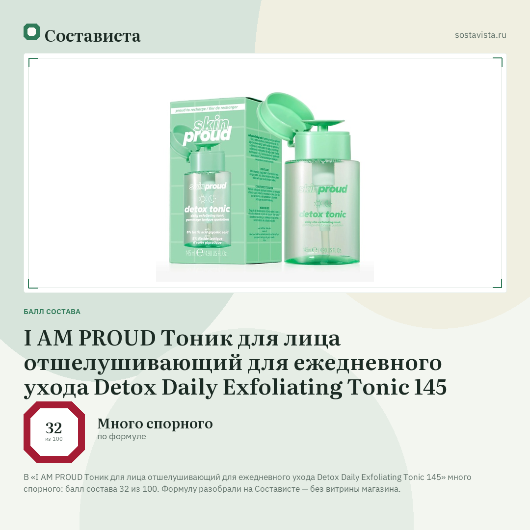 I AM PROUD Тоник для лица отшелушивающий для ежедневного ухода Detox Daily Exfoliating Tonic 145: балл состава 32 из 100 — Состависта