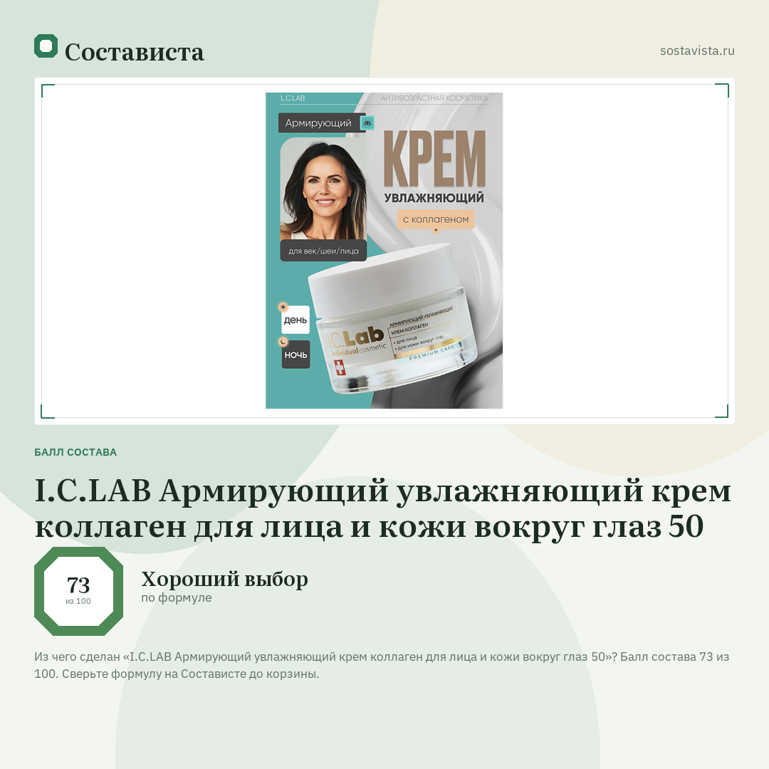 I.C.LAB Армирующий увлажняющий крем коллаген для лица и кожи вокруг глаз 50: балл состава 73 из 100 — Состависта