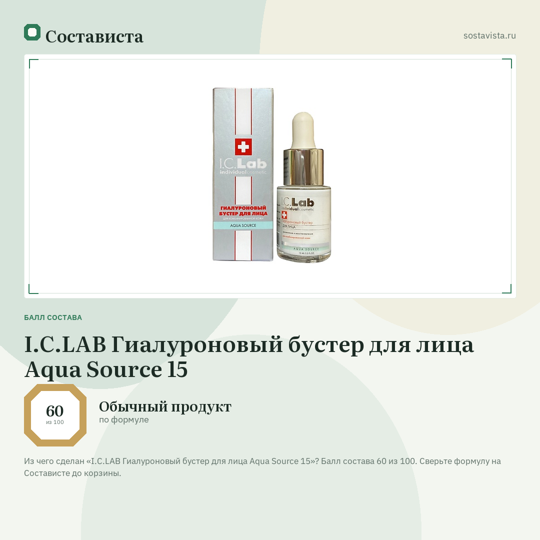 I.C.LAB Гиалуроновый бустер для лица Aqua Source 15: балл состава 60 из 100 — Состависта