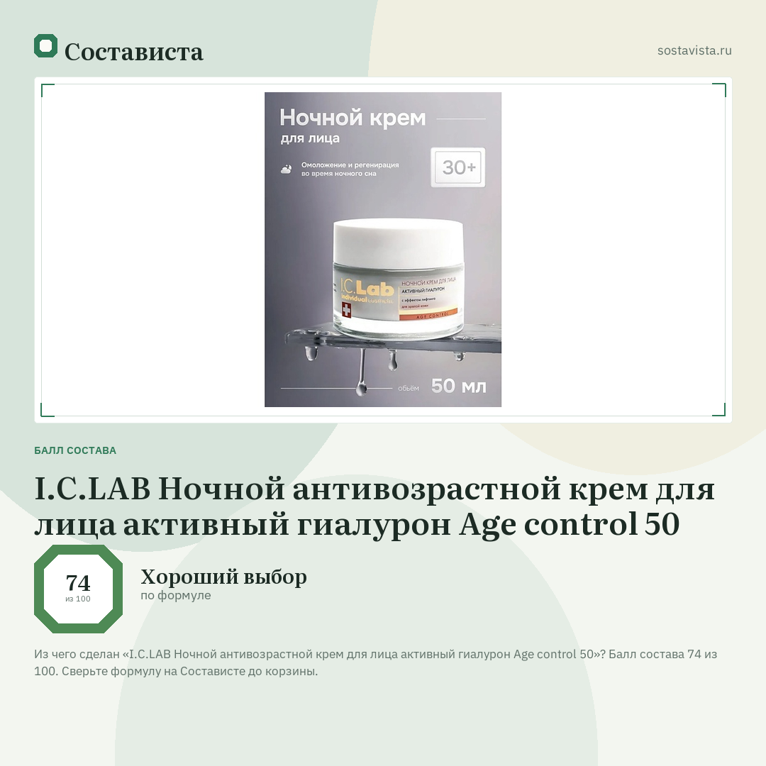 I.C.LAB Ночной антивозрастной крем для лица активный гиалурон Age control 50: балл состава 74 из 100 — Состависта