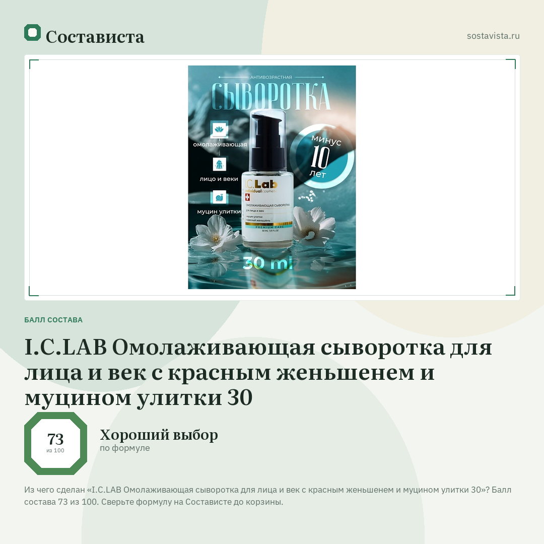 I.C.LAB Омолаживающая сыворотка для лица и век с красным женьшенем и муцином улитки 30: балл состава 73 из 100 — Состависта