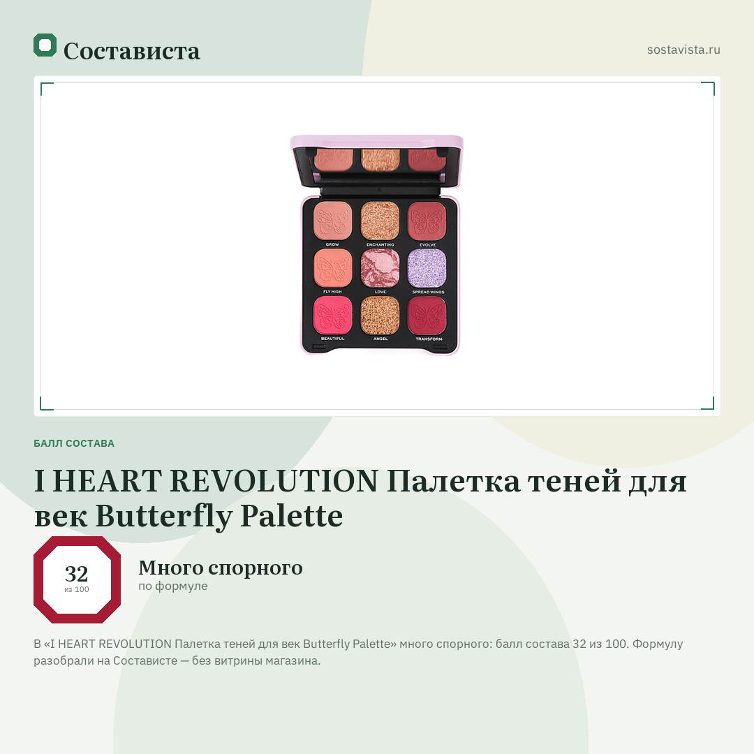 I HEART REVOLUTION Палетка теней для век Butterfly Palette: балл состава 32 из 100 — Состависта