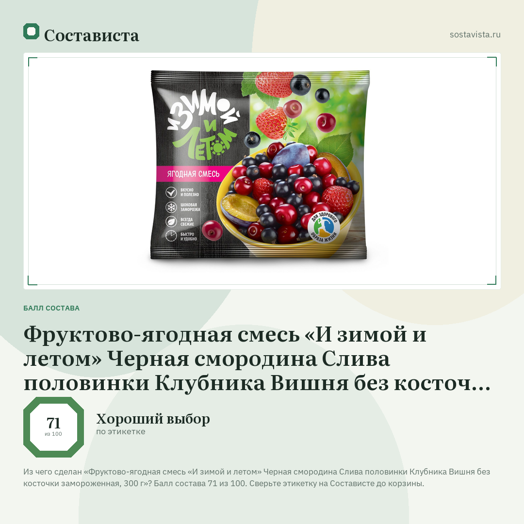 Фруктово-ягодная смесь «И зимой и летом» Черная смородина Слива половинки Клубника Вишня без косточки замороженная, 300 г: балл состава 71 из 100 — Состависта