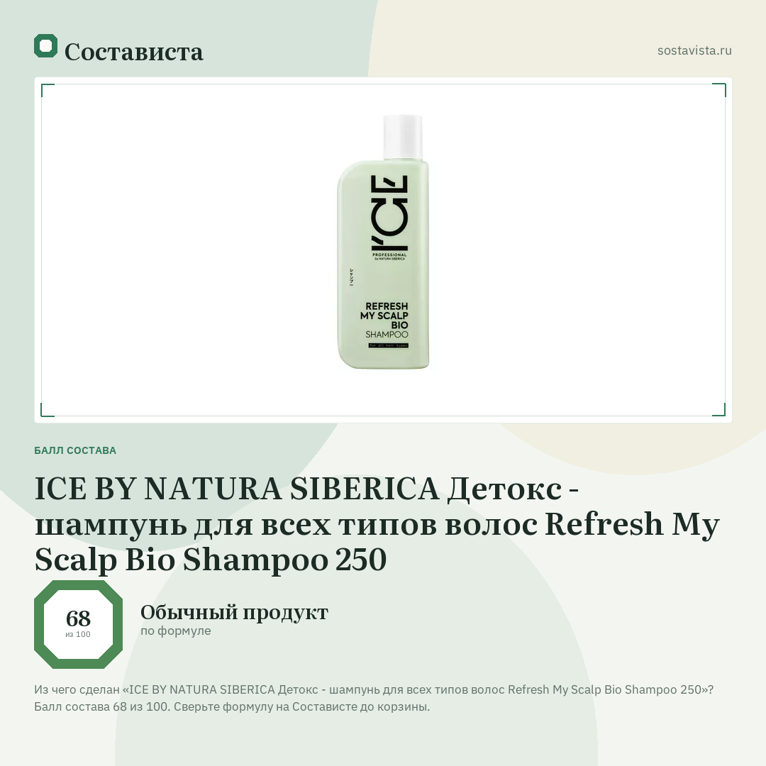 ICE BY NATURA SIBERICA Детокс - шампунь для всех типов волос Refresh My Scalp Bio Shampoo 250: балл состава 68 из 100 — Состависта