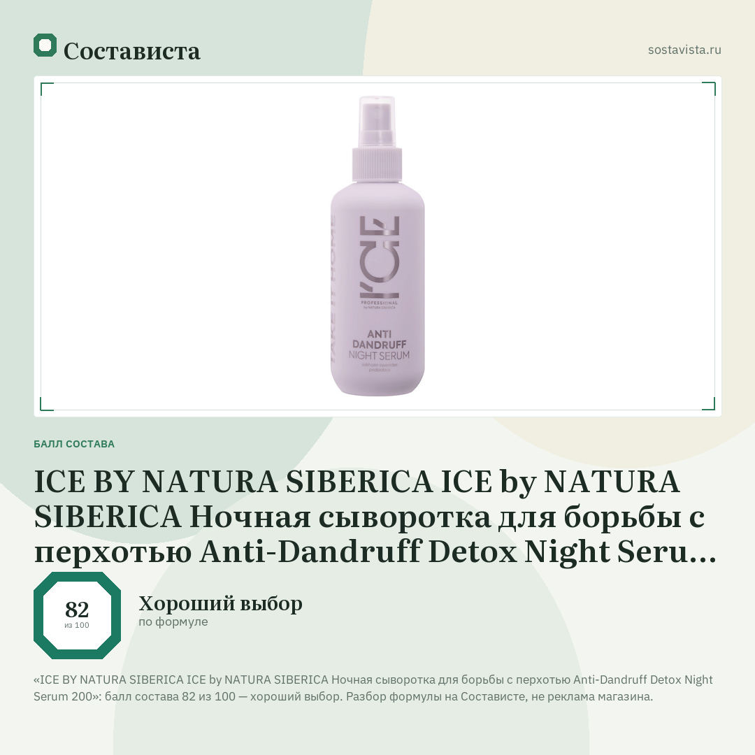 ICE BY NATURA SIBERICA ICE by NATURA SIBERICA Ночная сыворотка для борьбы с перхотью Anti-Dandruff Detox Night Serum 200: балл состава 82 из 100 — Состависта