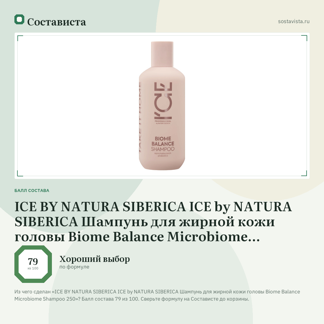 ICE BY NATURA SIBERICA ICE by NATURA SIBERICA Шампунь для жирной кожи головы Biome Balance Microbiome Shampoo 250: балл состава 79 из 100 — Состависта