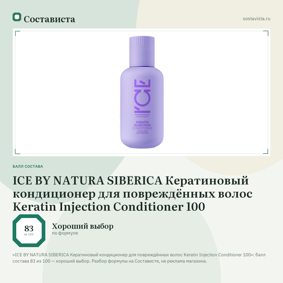 ICE BY NATURA SIBERICA Кератиновый кондиционер для повреждённых волос Keratin Injection Conditioner 100: балл состава 83 из 100 — Состависта