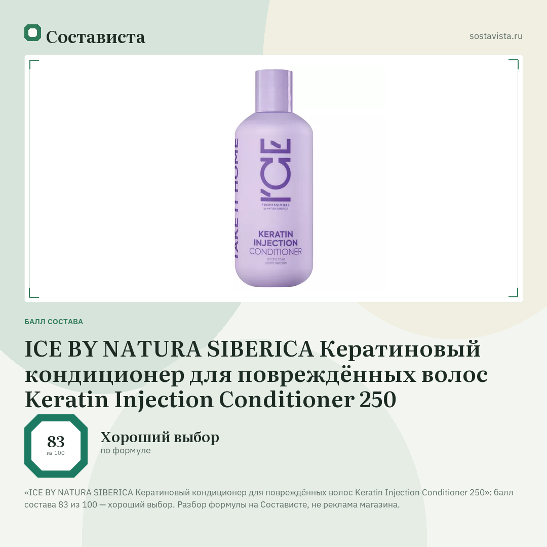 ICE BY NATURA SIBERICA Кератиновый кондиционер для повреждённых волос Keratin Injection Conditioner 250: балл состава 83 из 100 — Состависта