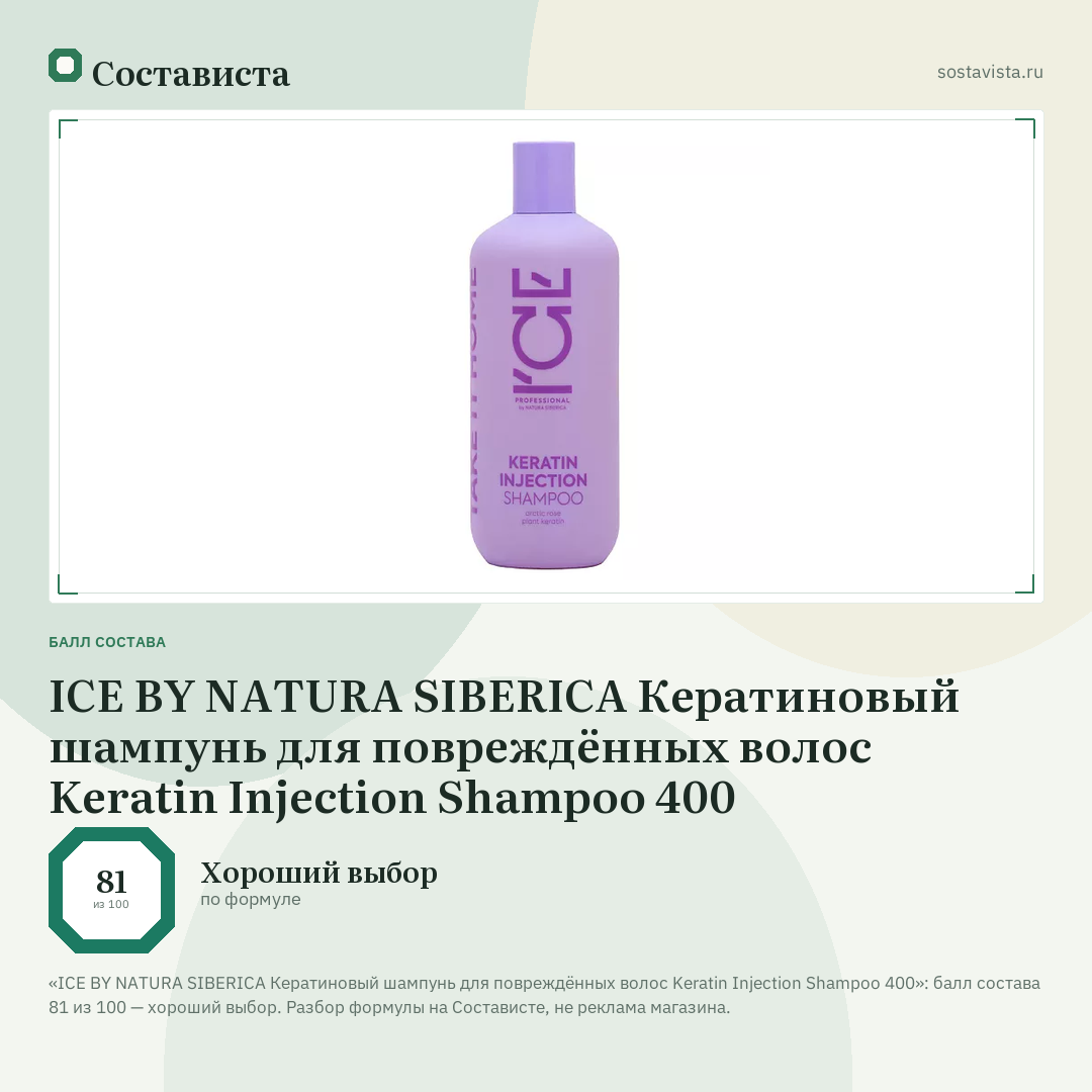 ICE BY NATURA SIBERICA Кератиновый шампунь для повреждённых волос Keratin Injection Shampoo 400: балл состава 81 из 100 — Состависта