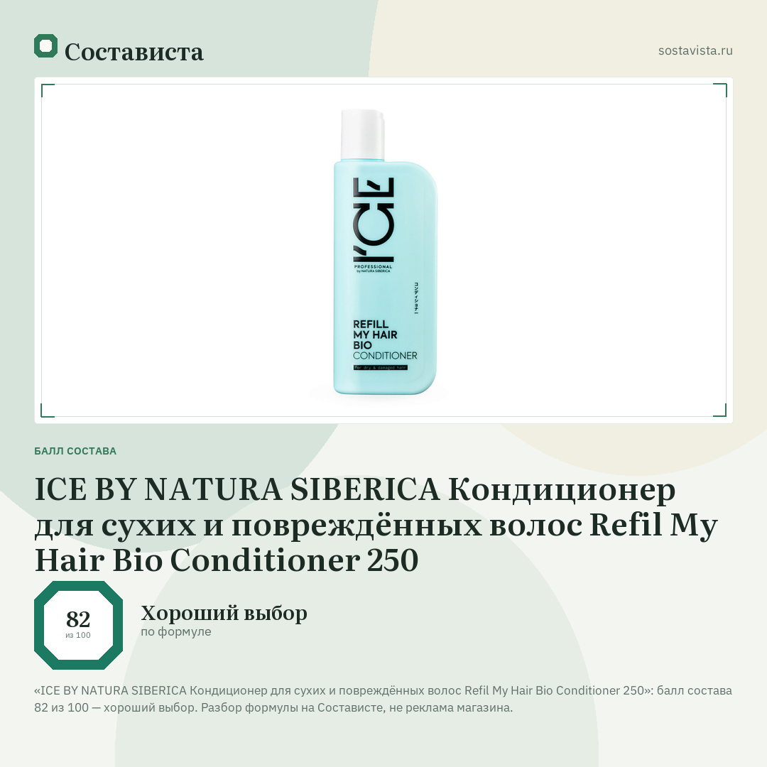 ICE BY NATURA SIBERICA Кондиционер для сухих и повреждённых волос Refil My Hair Bio Conditioner 250: балл состава 82 из 100 — Состависта