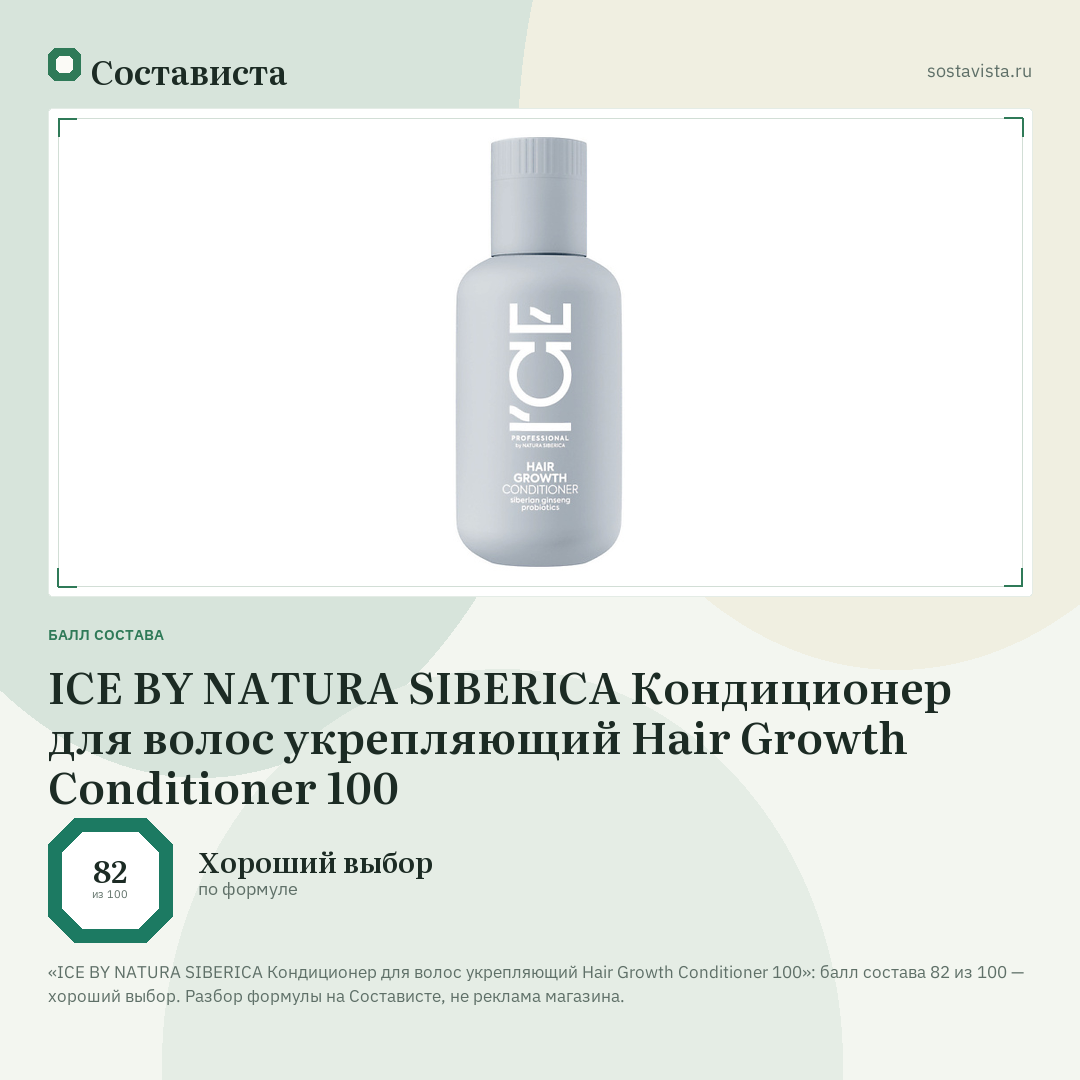 ICE BY NATURA SIBERICA Кондиционер для волос укрепляющий Hair Growth Conditioner 100: балл состава 82 из 100 — Состависта