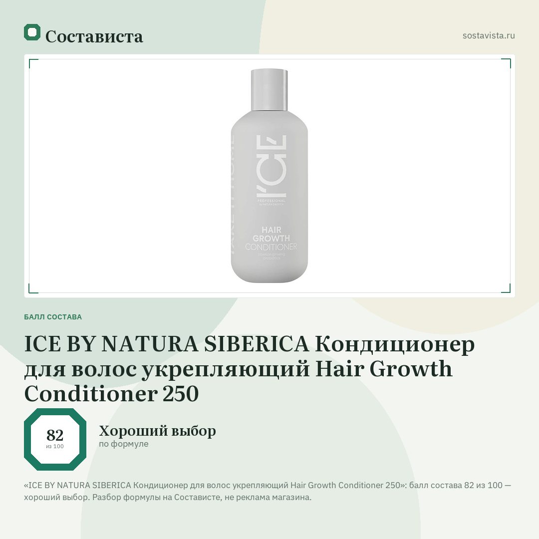 ICE BY NATURA SIBERICA Кондиционер для волос укрепляющий Hair Growth Conditioner 250: балл состава 82 из 100 — Состависта